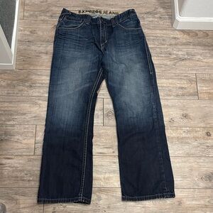 Express Men's Dark Blue Kingston Classic Fit Regular Rose Boot Cut Jeans 34 X 30